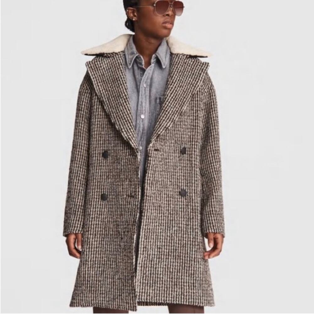 Rag & Bone Mina Houndstooth Brown Plaid Wool Coat XL
